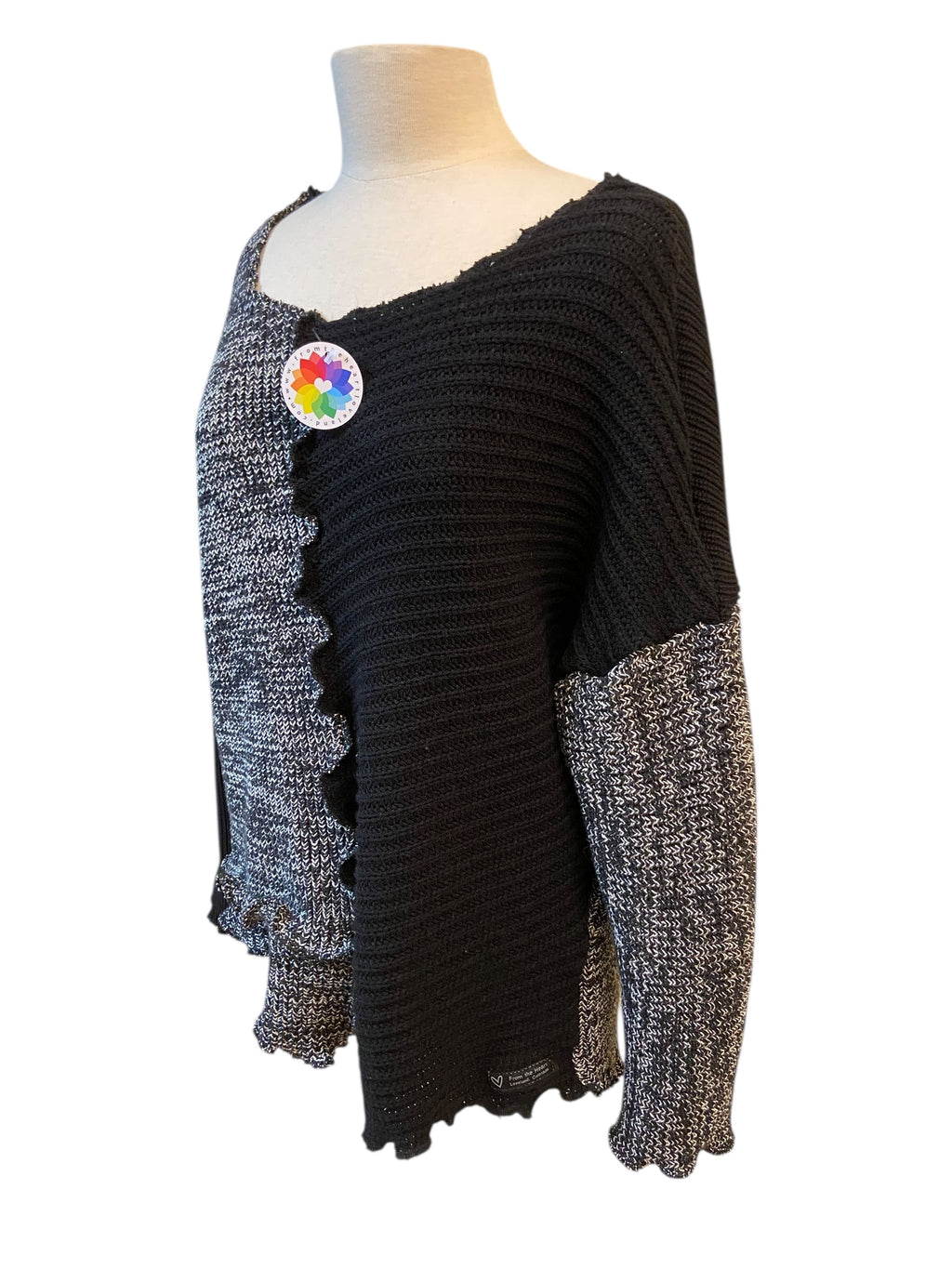 Size XL Upcycled Black and White Upcycled Patchwork Sweater image 3