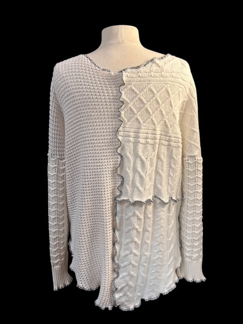 Size 1X Patchwork Cream Sweater with Black Thread Accent image 4