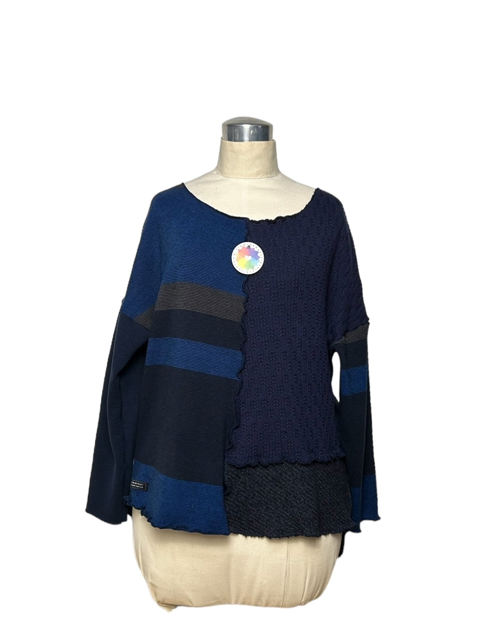 Women's Size Medium Upcycled Blue Patchwork Sweater image 0