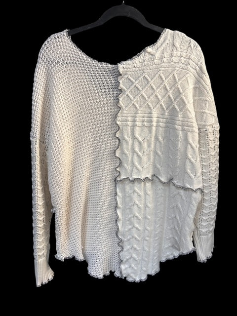 Size 1X Patchwork Cream Sweater with Black Thread Accent image 1