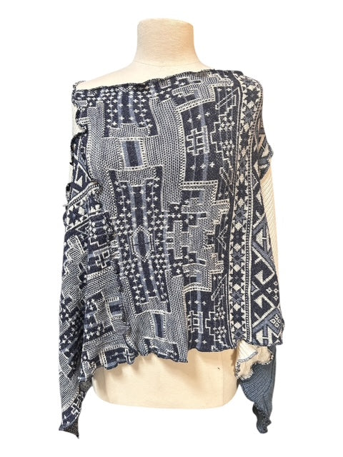 One Size Upcyled Patchwork Blue Poncho with Aztec Print and Pockets image 2