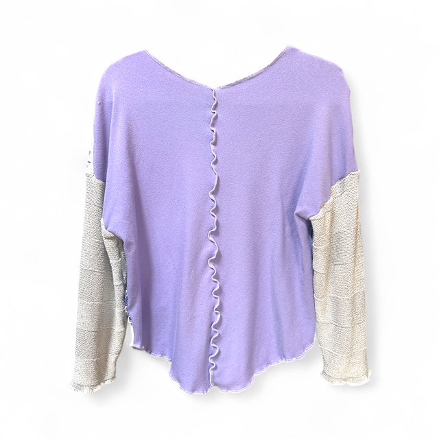 Size Small Silver and Purple Patchwork Sweater with Floral Pattern image 1