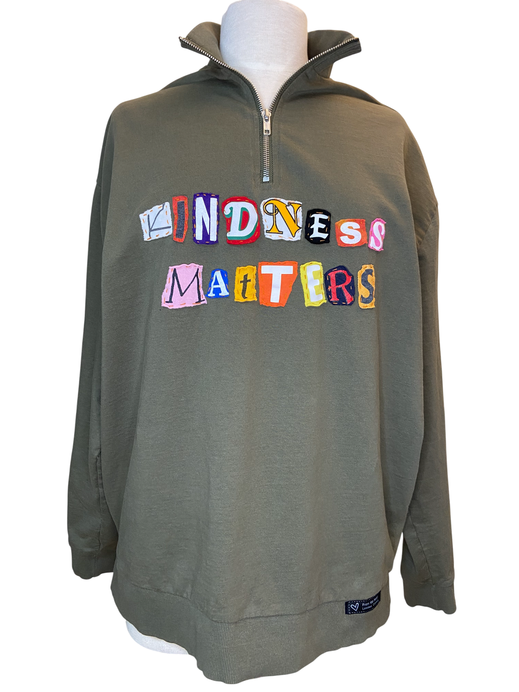 Kindness Matters Olive Green 1/4 Zip Pullover - Size Large image 0