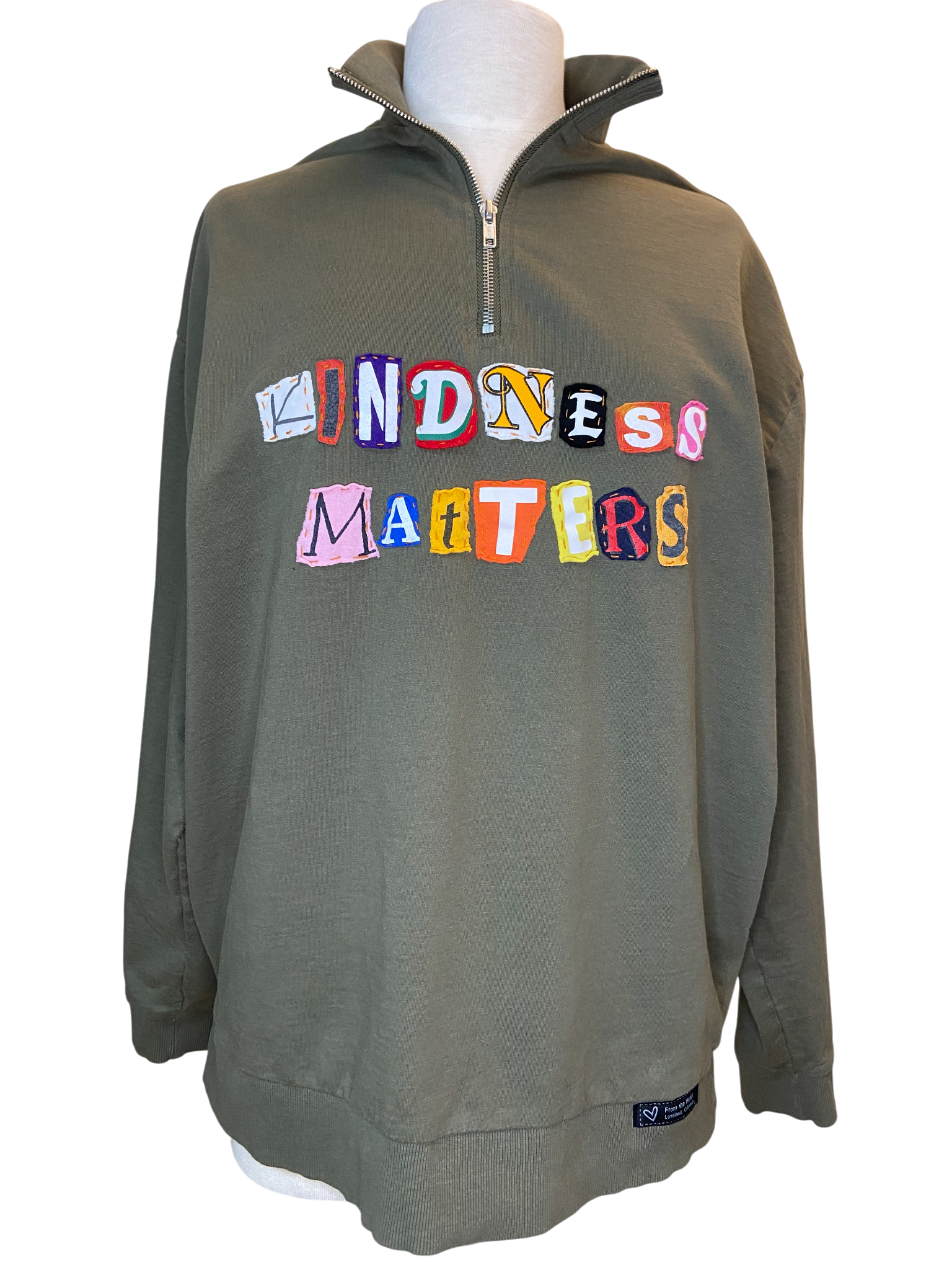 Kindness Matters Olive Green 1/4 Zip Pullover - Size Large image 0