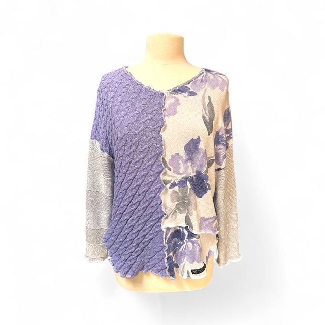 Size Small Silver and Purple Patchwork Sweater with Floral Pattern image 0