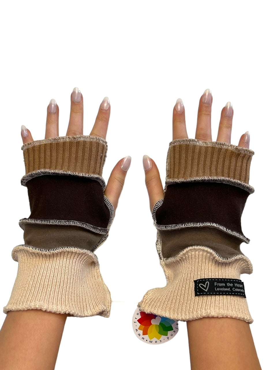 Brown and Tan Arm Warmers/Fingerless Gloves image 2