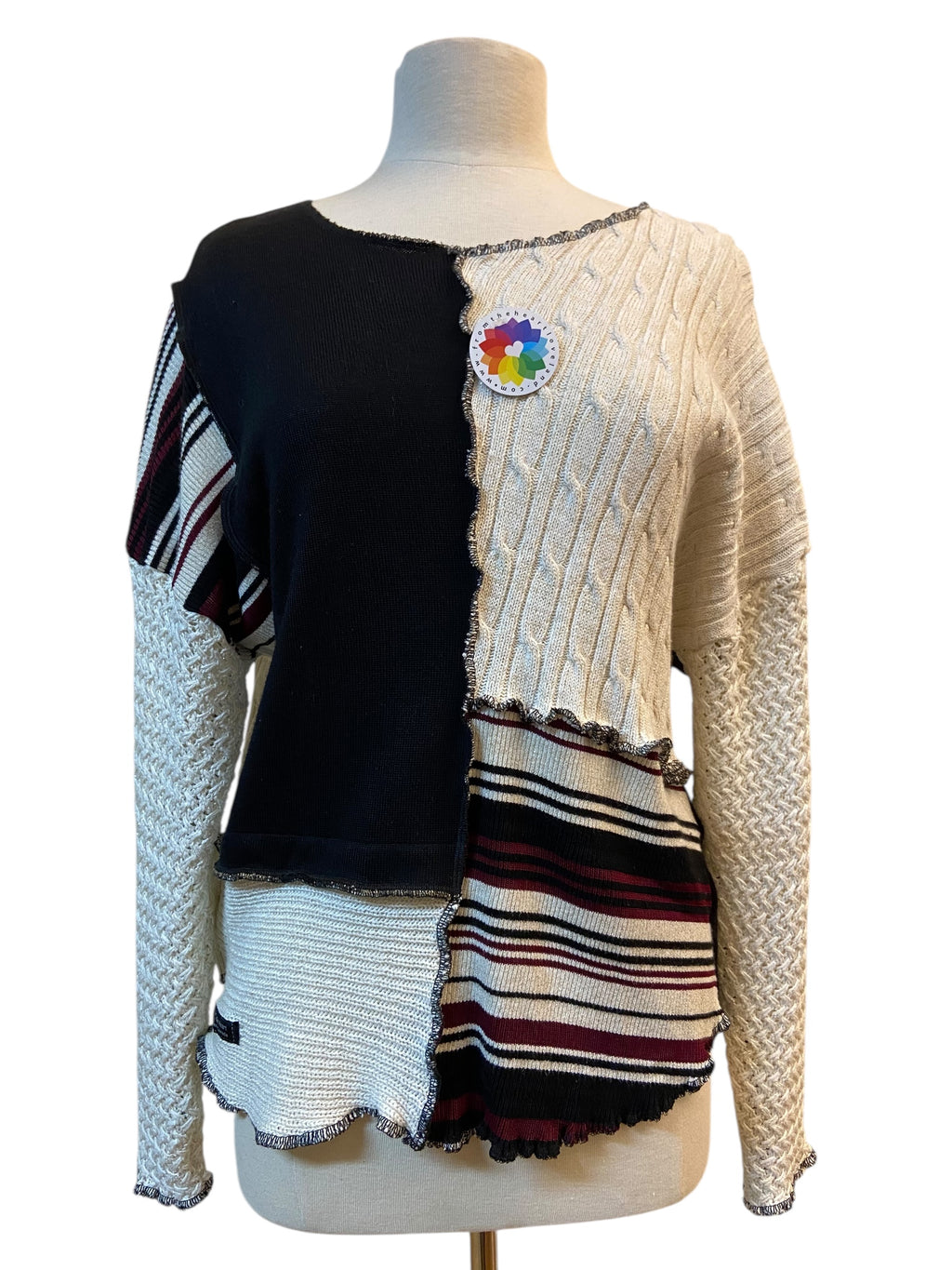 Size Medium Upcycled Black, Cream and Maroon Patchwork Sweater image 0