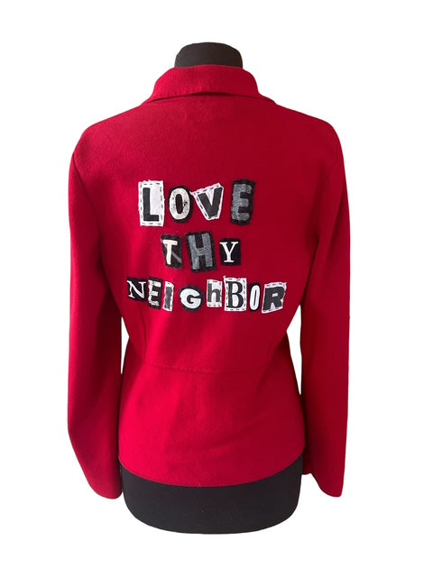 Size Medium Red Cotton Jacket with "Love Thy Neighbor" on back image 2