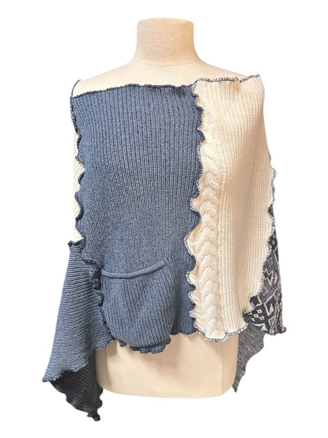 One Size Upcyled Patchwork Blue Poncho with Aztec Print and Pockets image 4