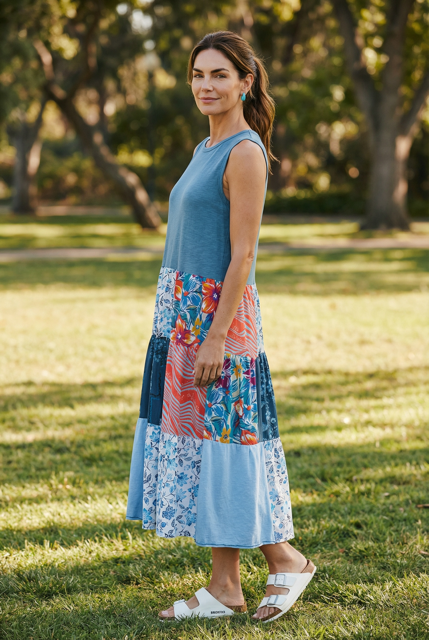 XL Blue Patchwork Tank Dress image 1