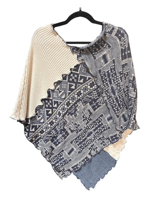 One Size Upcyled Patchwork Blue Poncho with Aztec Print and Pockets image 0