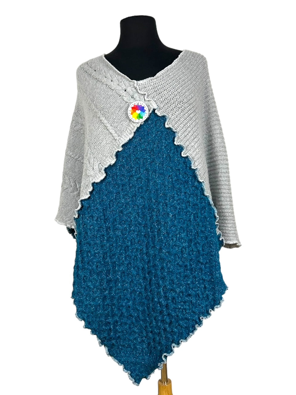 Elegant Light Gray and Teal Sweater Poncho image 7