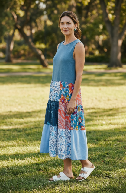 XL Blue Patchwork Tank Dress image 0