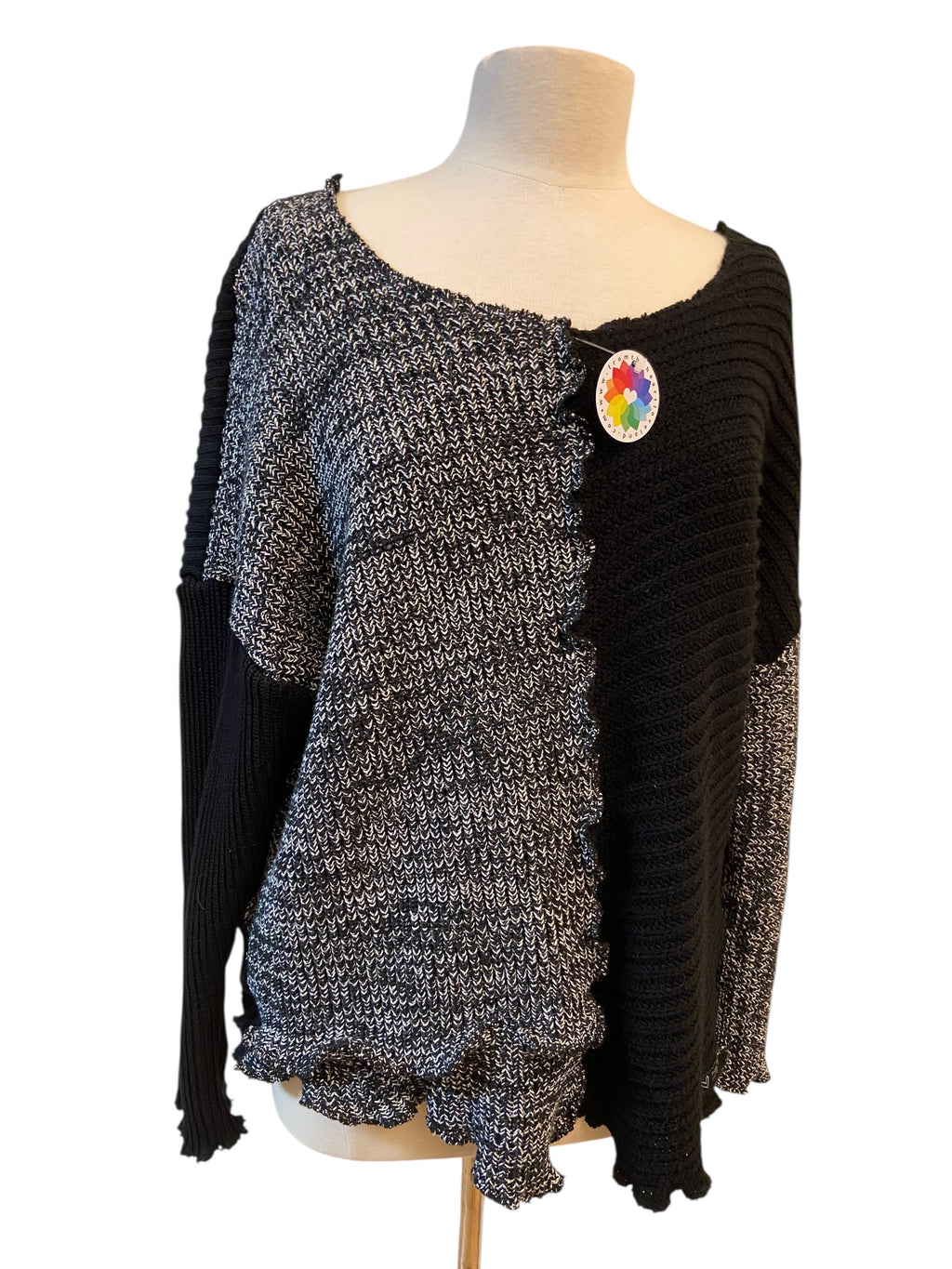 Size XL Upcycled Black and White Upcycled Patchwork Sweater image 1