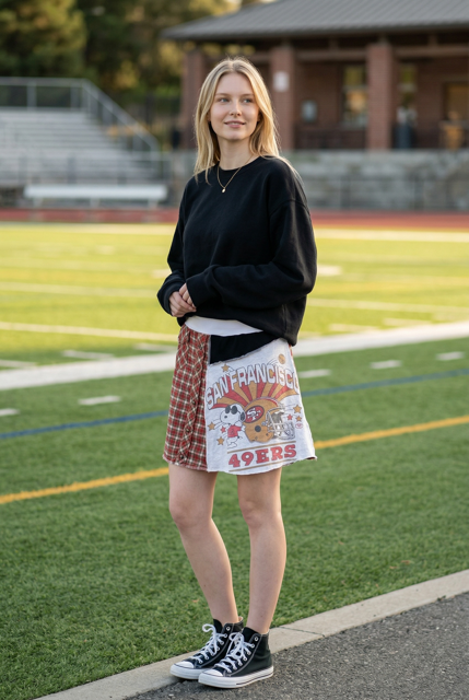 Upcycled Plaid Snoopy T-Shirt Skirt with a Pocket image 0