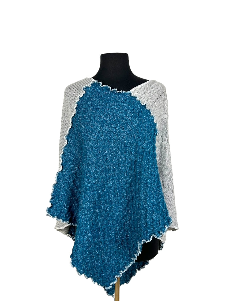 Elegant Light Gray and Teal Sweater Poncho image 3