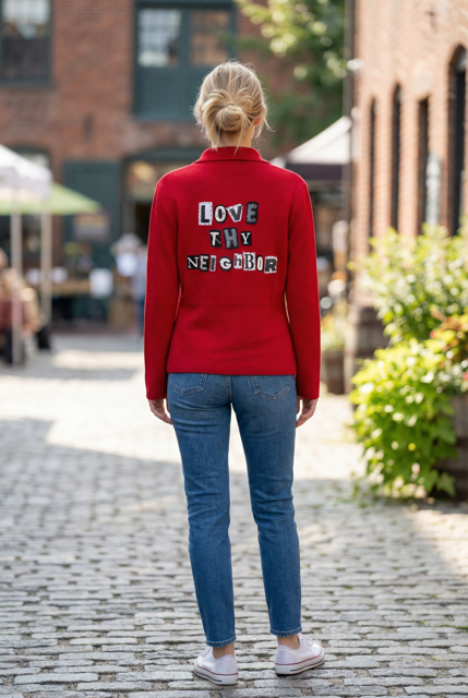 Size Medium Red Cotton Jacket with "Love Thy Neighbor" on back image 0