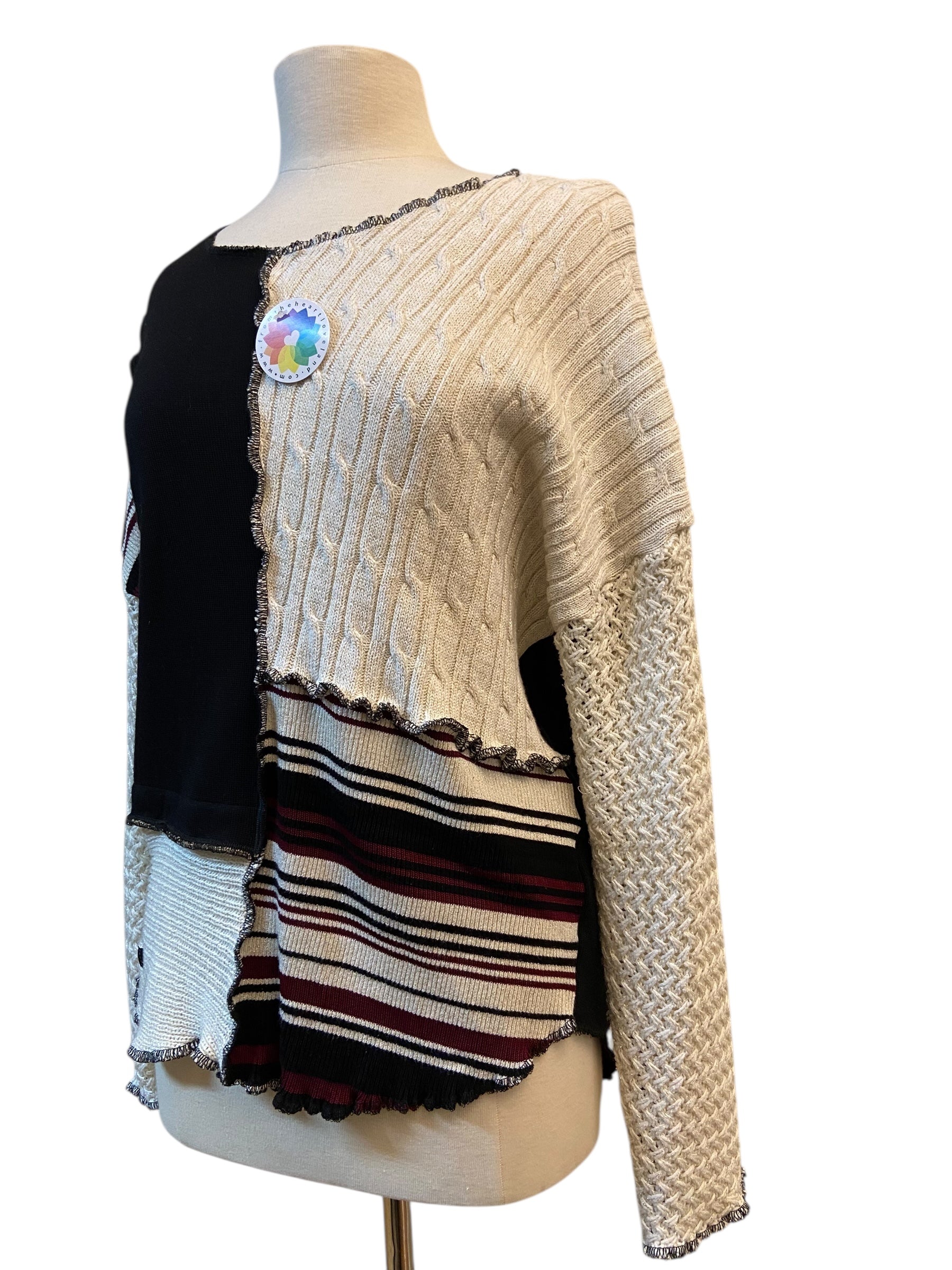 Size Medium Upcycled Black, Cream and Maroon Patchwork Sweater image 4