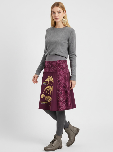 A woman modeling a gray long-sleeve knit top, dark gray tights, and a knee-length A-line skirt in deep magenta with a floral pattern and gold dinosaur illustrations, paired with gray lace-up ankle boots, against a light gray studio background.