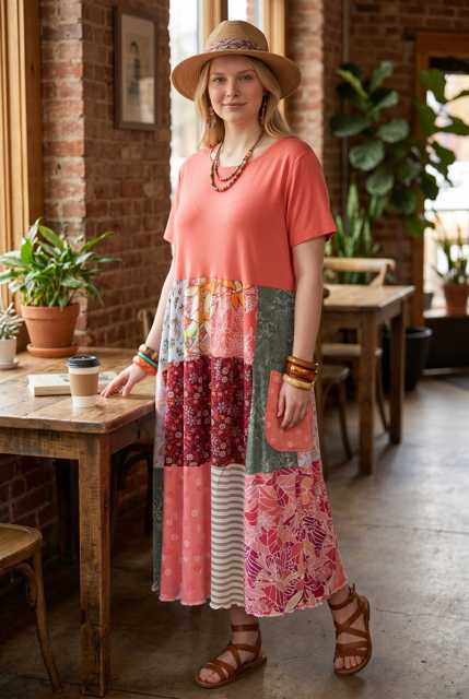 Size 1X Peach Patchwork Dress