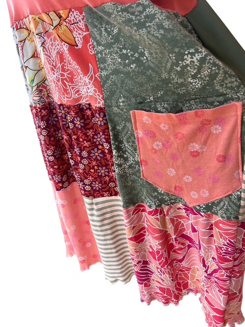Handmade Dress in colors of pink, green and peach with print in floral and stripes
