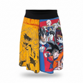 women's skirt featuring a split Dragon Ball Z anime print. The left side is yellow with a black line-art illustration of Goku, and the right side is a red-and-blue panel with character prints including Vegeta, Goku, and Frieza.
