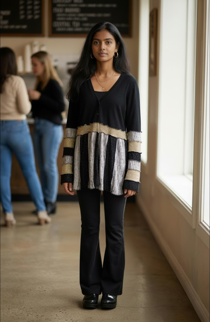 XL Black and Gold Patchwork Sweater Cardigan image 0