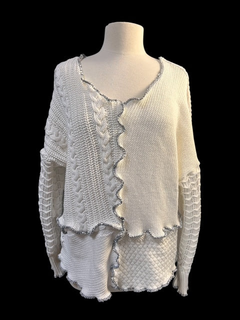 Size 1X Patchwork Cream Sweater with Black Thread Accent image 0