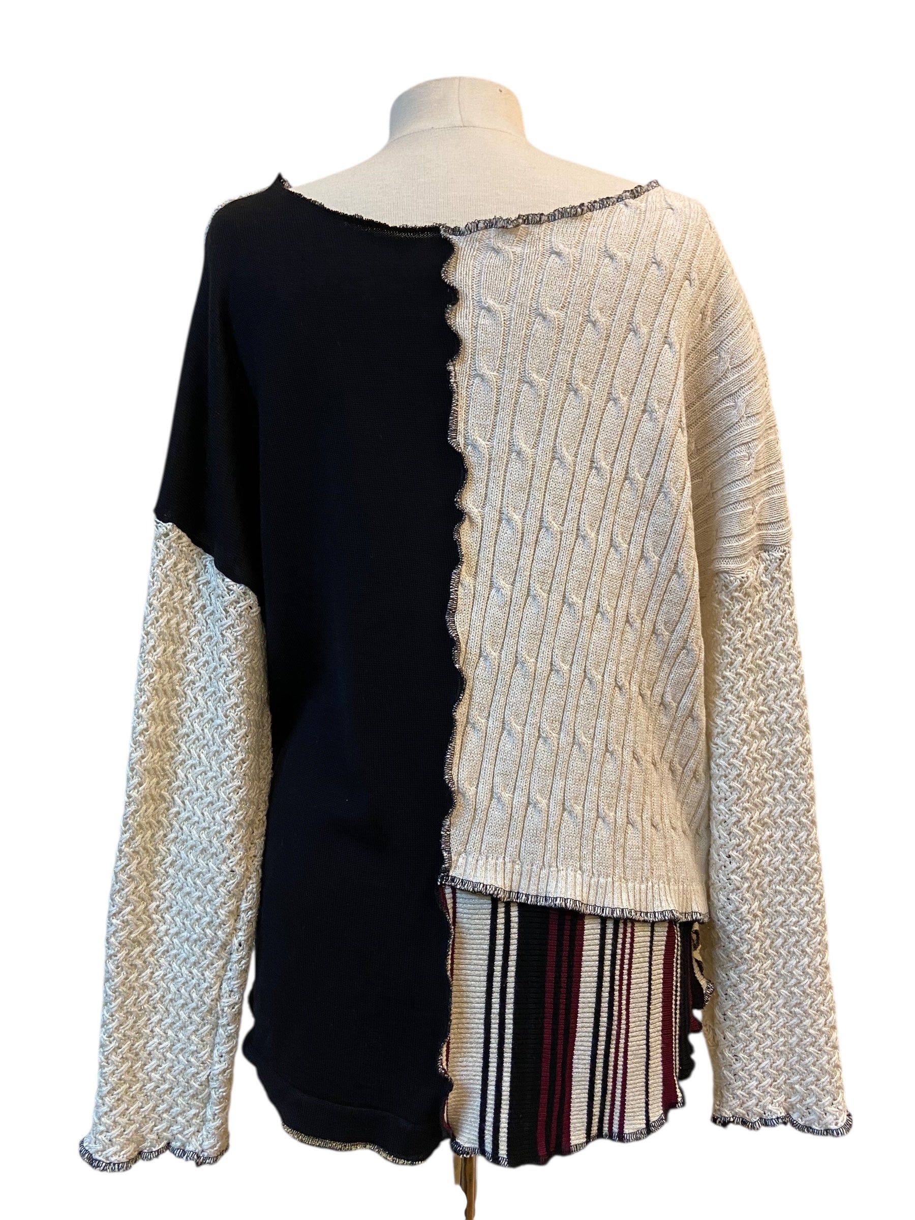 Size Medium Upcycled Black, Cream and Maroon Patchwork Sweater image 1