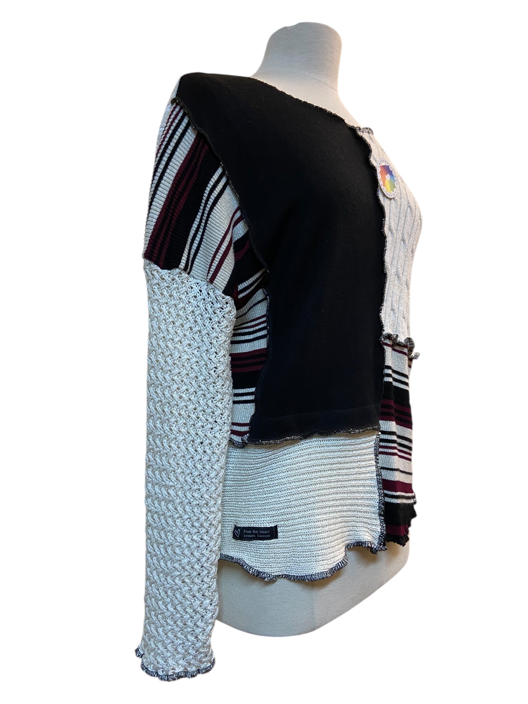 Size Medium Upcycled Black, Cream and Maroon Patchwork Sweater image 3