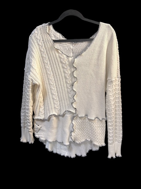 Size 1X Patchwork Cream Sweater with Black Thread Accent image 3