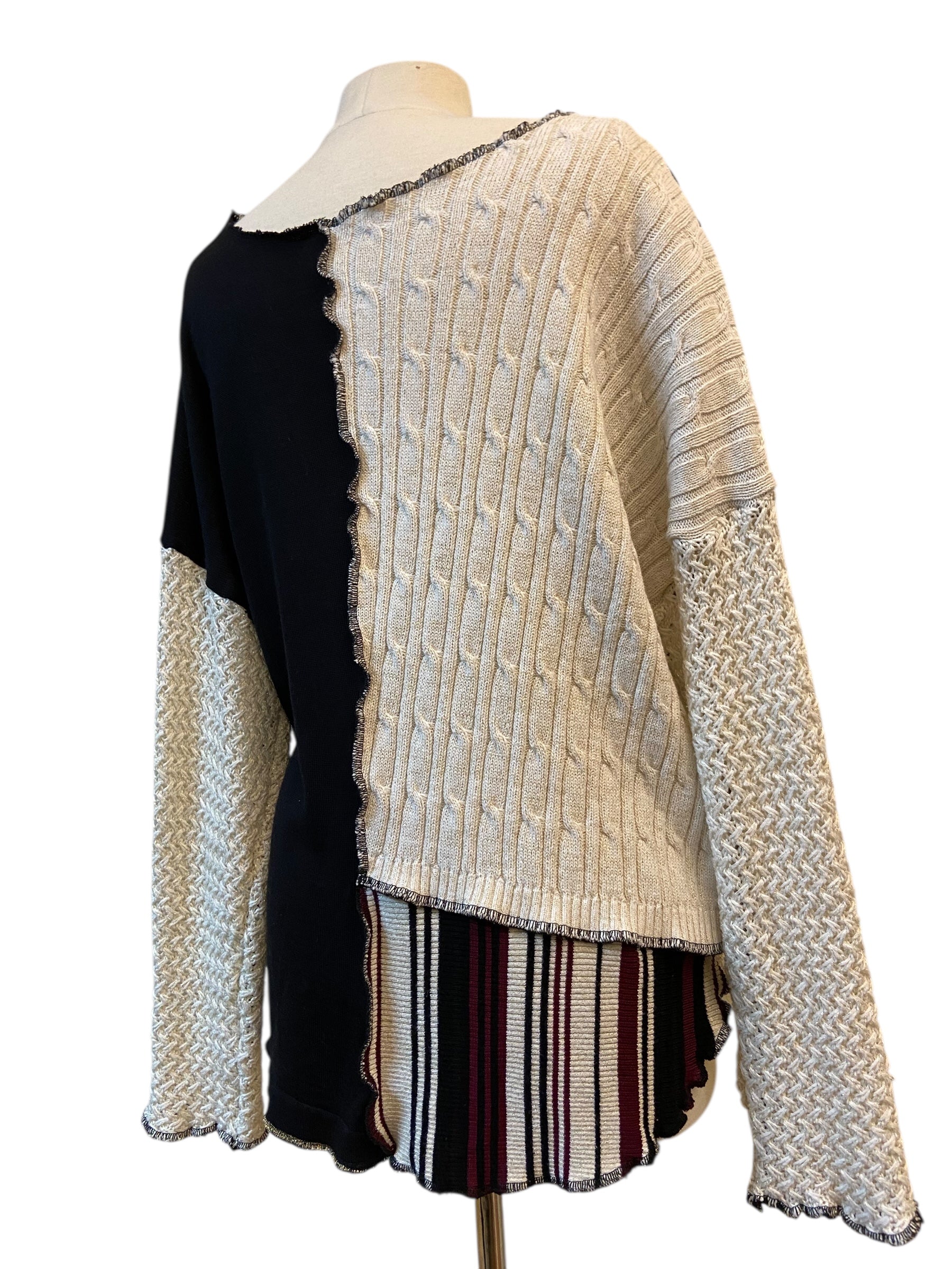 Size Medium Upcycled Black, Cream and Maroon Patchwork Sweater image 2