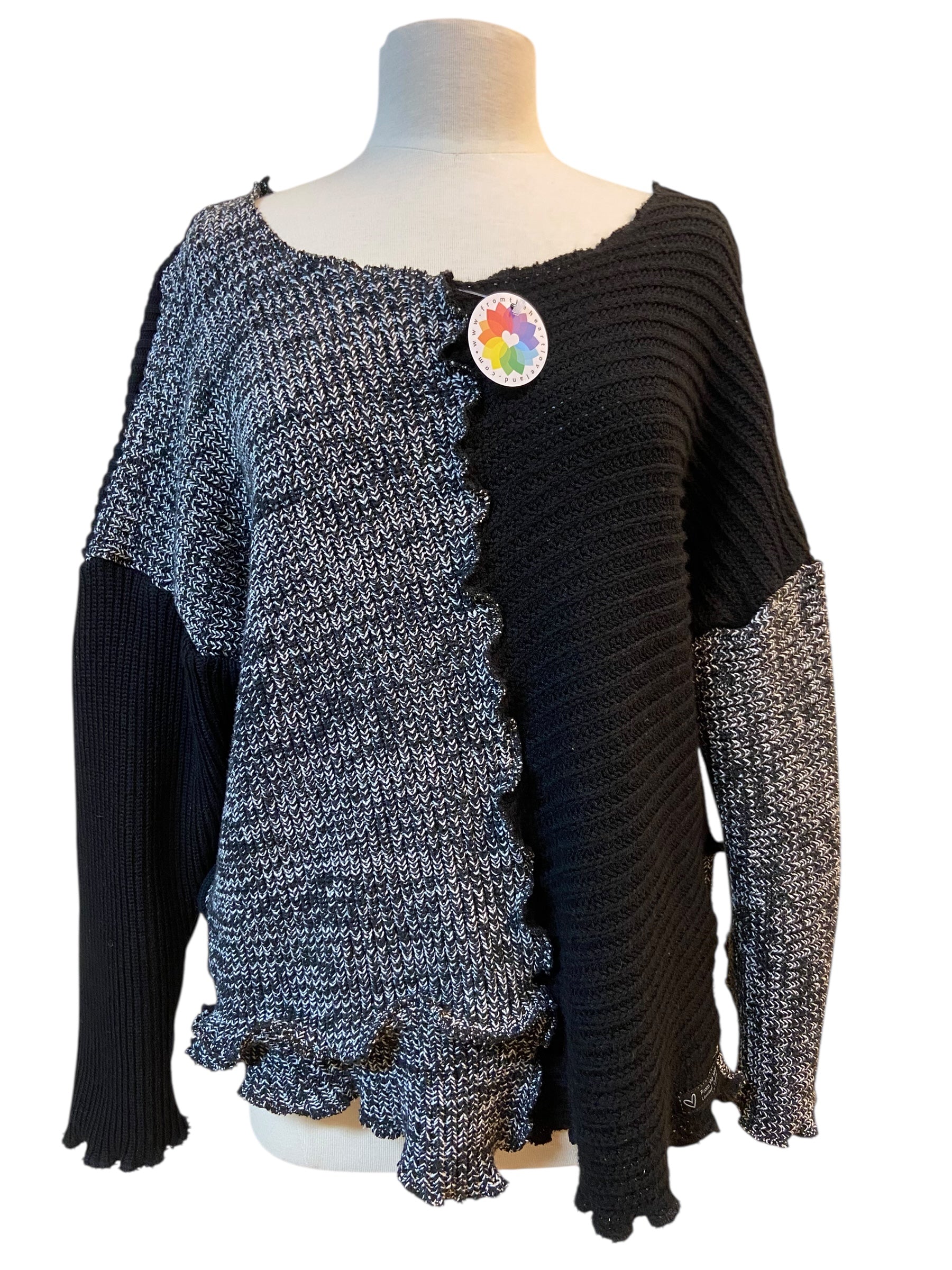 Size XL Upcycled Black and White Upcycled Patchwork Sweater image 0