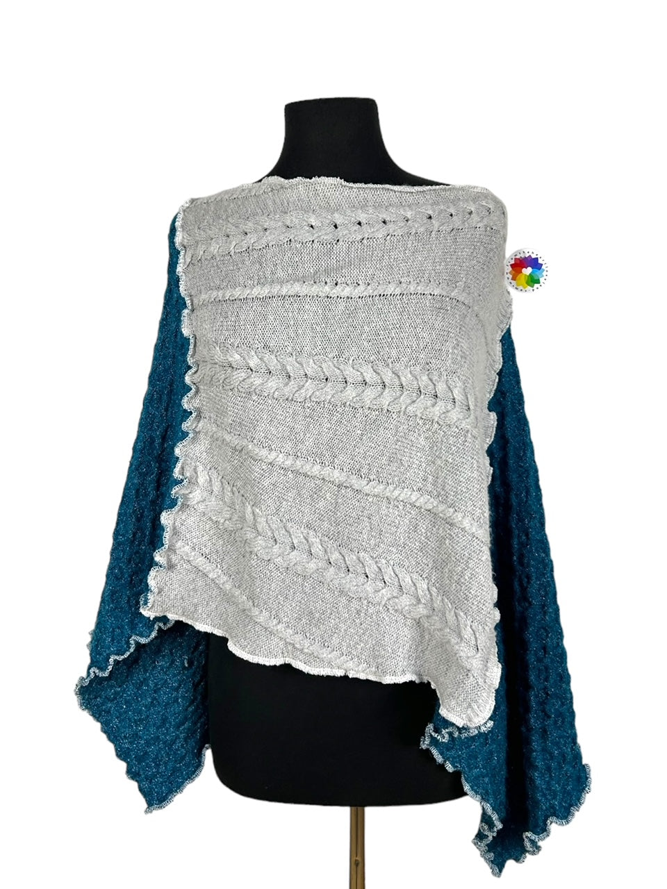 Elegant Light Gray and Teal Sweater Poncho image 1