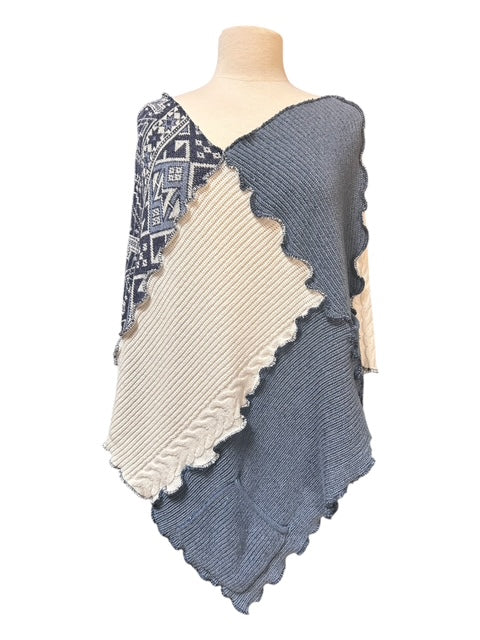 One Size Upcyled Patchwork Blue Poncho with Aztec Print and Pockets image 3