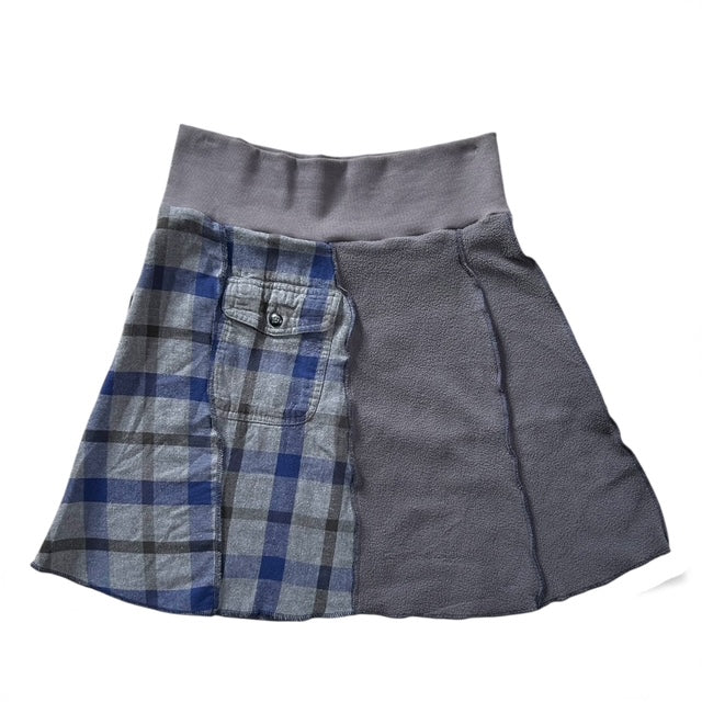 Size Medium Upcycled Blue and Gray Fleece and Flannel Winter Skirt with a Pocket image 1
