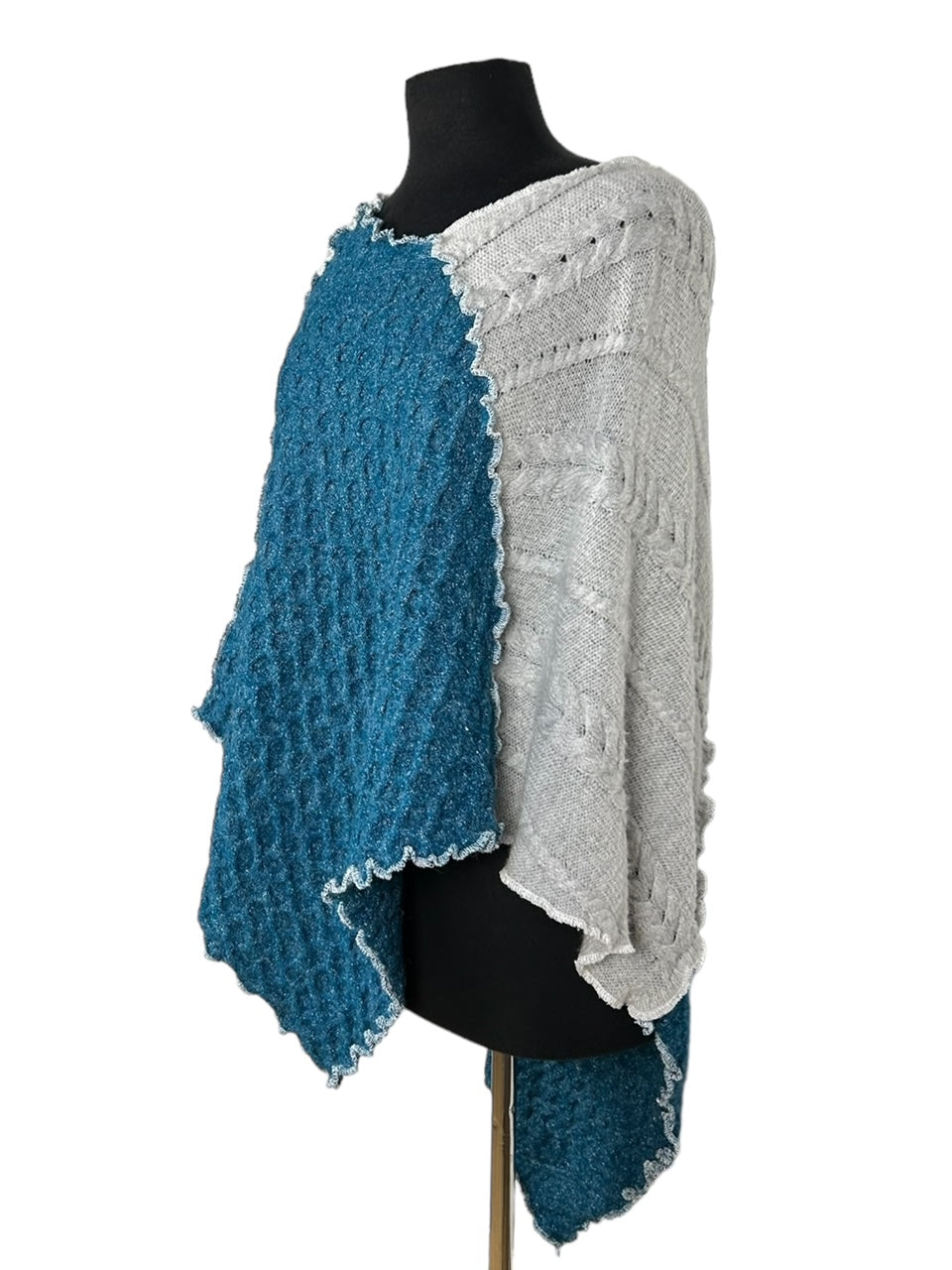Elegant Light Gray and Teal Sweater Poncho image 2
