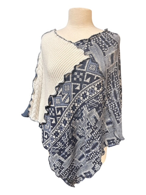 One Size Upcyled Patchwork Blue Poncho with Aztec Print and Pockets image 1