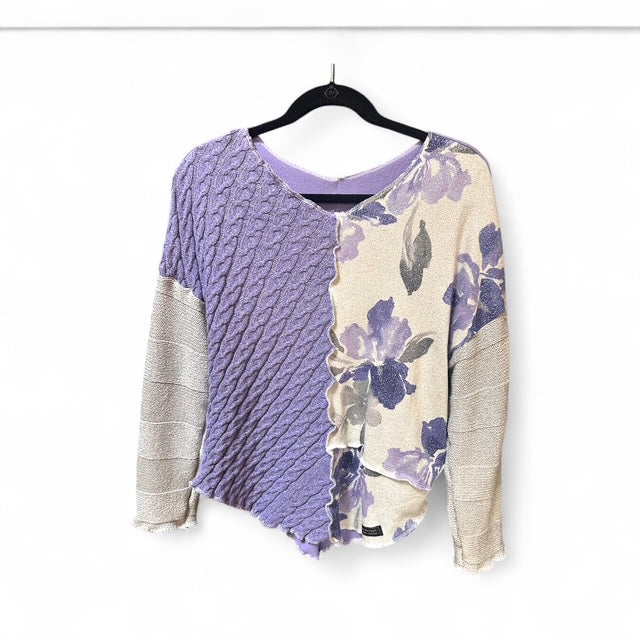 Size Small Silver and Purple Patchwork Sweater with Floral Pattern image 2