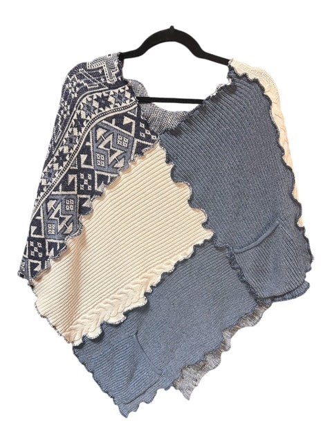 One Size Upcyled Patchwork Blue Poncho with Aztec Print and Pockets image 5